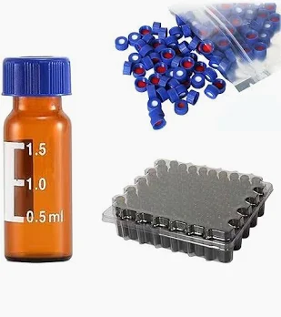 2ml HPLC Vial, Amber Lab Vial, Sample Vial with Writing Area, 9-425 Screw-Thread Vial, Blue Screw Cap with Hole, White PTFE & Red Silicone Septa 100 Pack thumbnail 2