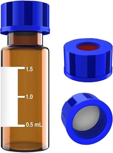 2ml HPLC Vial, Amber Lab Vial, Sample Vial with Writing Area, 9-425 Screw-Thread Vial, Blue Screw Cap with Hole, White PTFE & Red Silicone Septa 100 Pack thumbnail 3