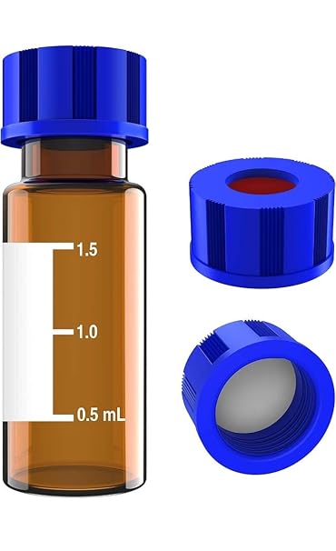 2ml HPLC Vial, Amber Lab Vial, Sample Vial with Writing Area, 9-425 Screw-Thread Vial, Blue Screw Cap with Hole, White PTFE & Red Silicone Septa 100 Pack thumbnail 5