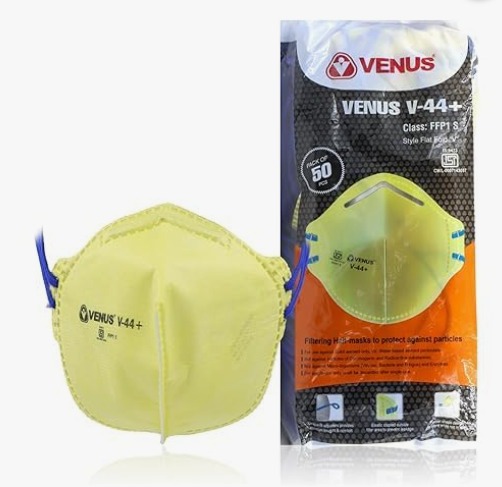 Venus V-44+ FFP1 S Anti-Pollution Face Mask - Yellow (Pack of 10) | ISI Approved | Fold-Flat Design with Head Loop | High Filtration for Sub-Micron Particles & Fine Dust