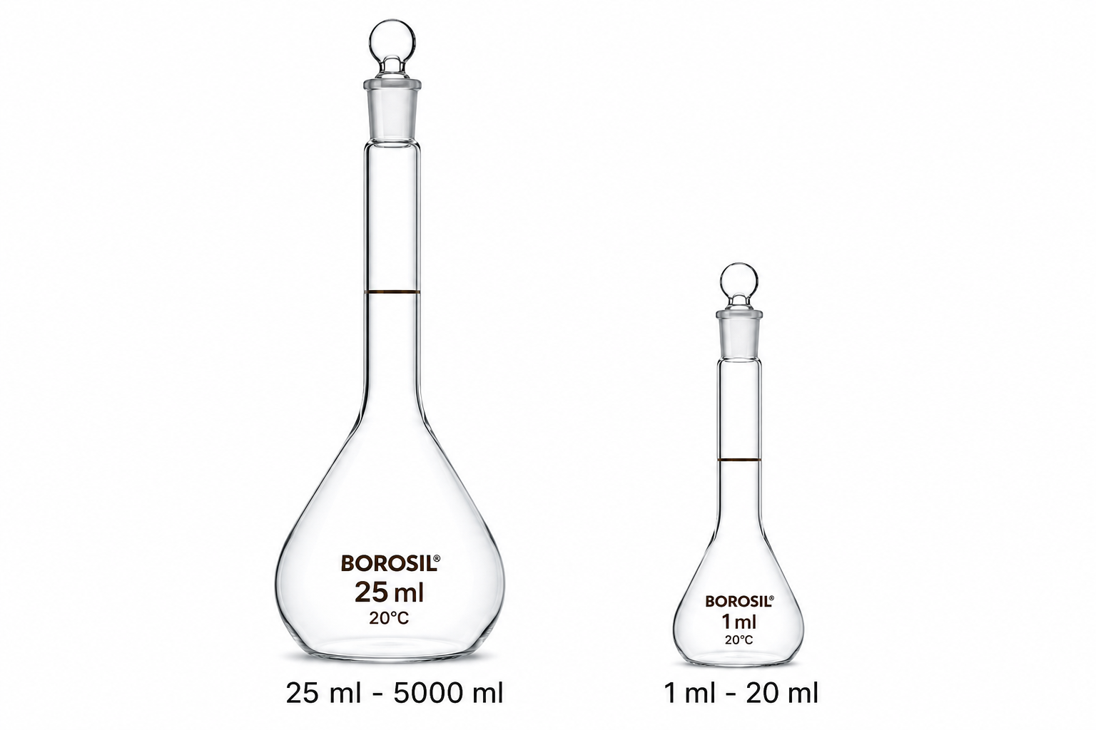 Borosil  Volumetric Class B Flask with Interchangeable Stopper, 25 ml (pack of 2) thumbnail 2