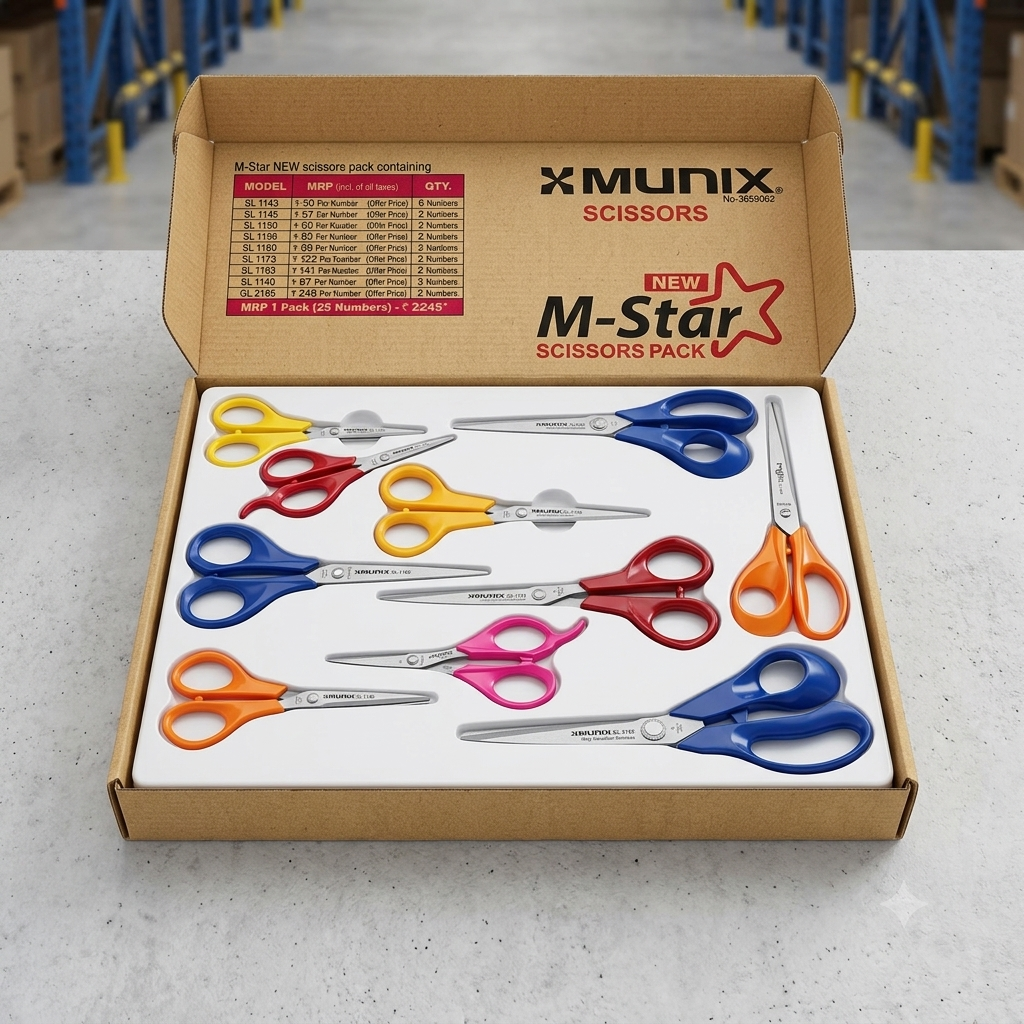 Munix M-Star Scissor Assorted Stainless Steel Pointed Tip for Cutting Paper & Ribbon (SL 1143 – 6 Pcs, SL 1145 – 2 Pcs, SL 1150 – 3 Pcs, SL 1158 – 2 Pcs, SL 1160 – 3 Pcs, SL 1173 – 2 Pcs, SL 1183 – 2 Pcs,  SL 1140 – 3 Pcs, , GL 2185 – 2 Pcs ) PACK OF 25