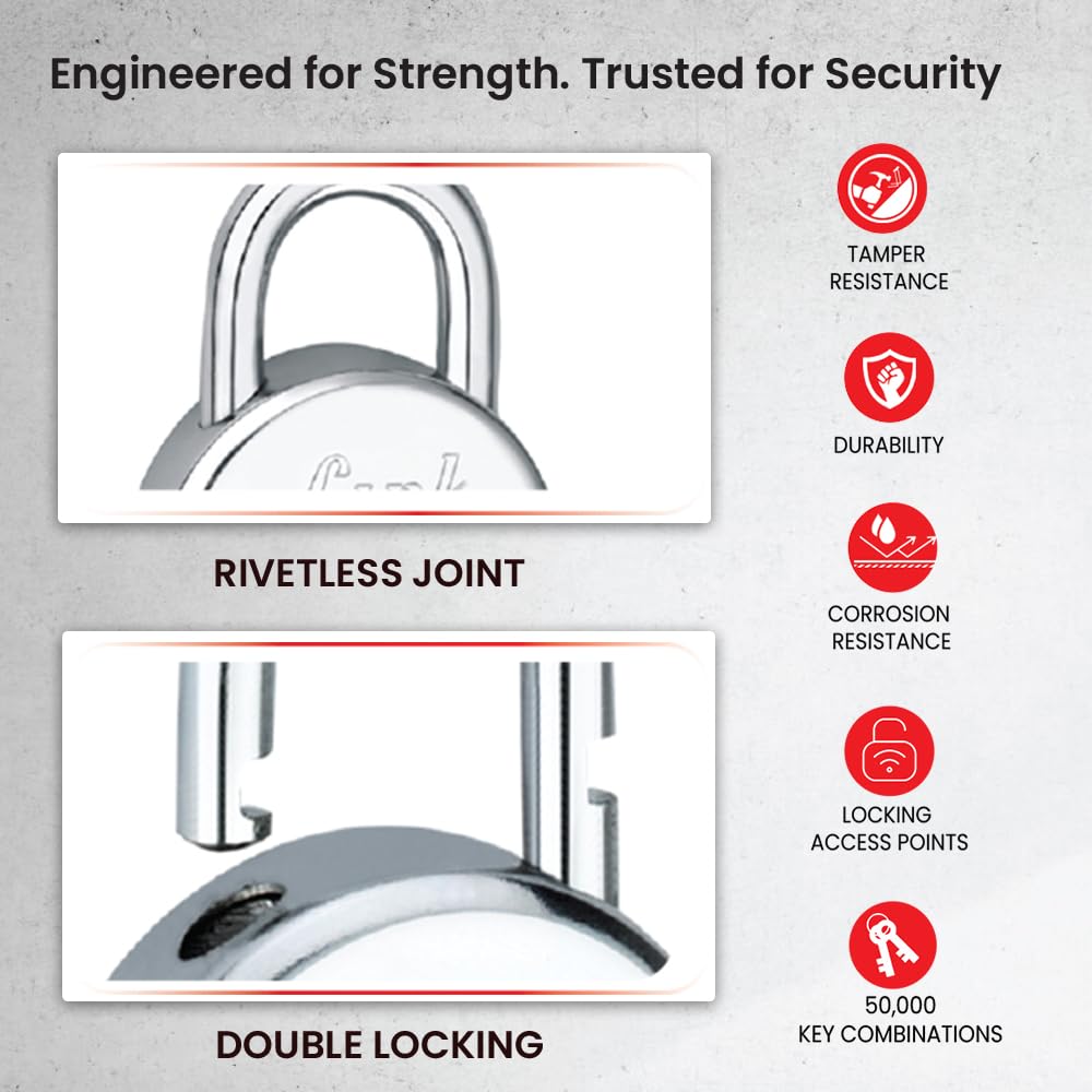 Round 65mm Stainless Steel Padlock with Double Locking Shackle – 3 CNC Milled Keys, 50,000 Key Combinations, Rivetless Body, Pack of 1 thumbnail 3