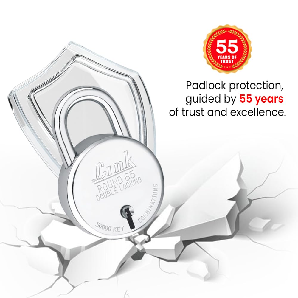 Round 65mm Stainless Steel Padlock with Double Locking Shackle – 3 CNC Milled Keys, 50,000 Key Combinations, Rivetless Body, Pack of 1 thumbnail 4