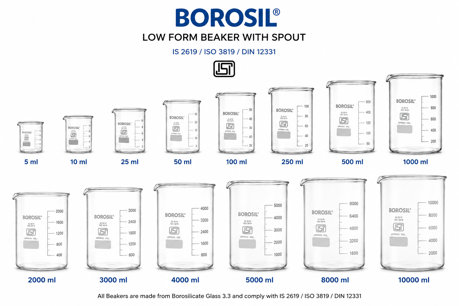 LOW FORM BEAKER With Spout • Complies with IS 2619 /ISO 3819 and DIN 12331 with ISI Mark 5ML(22 x 30) thumbnail 1